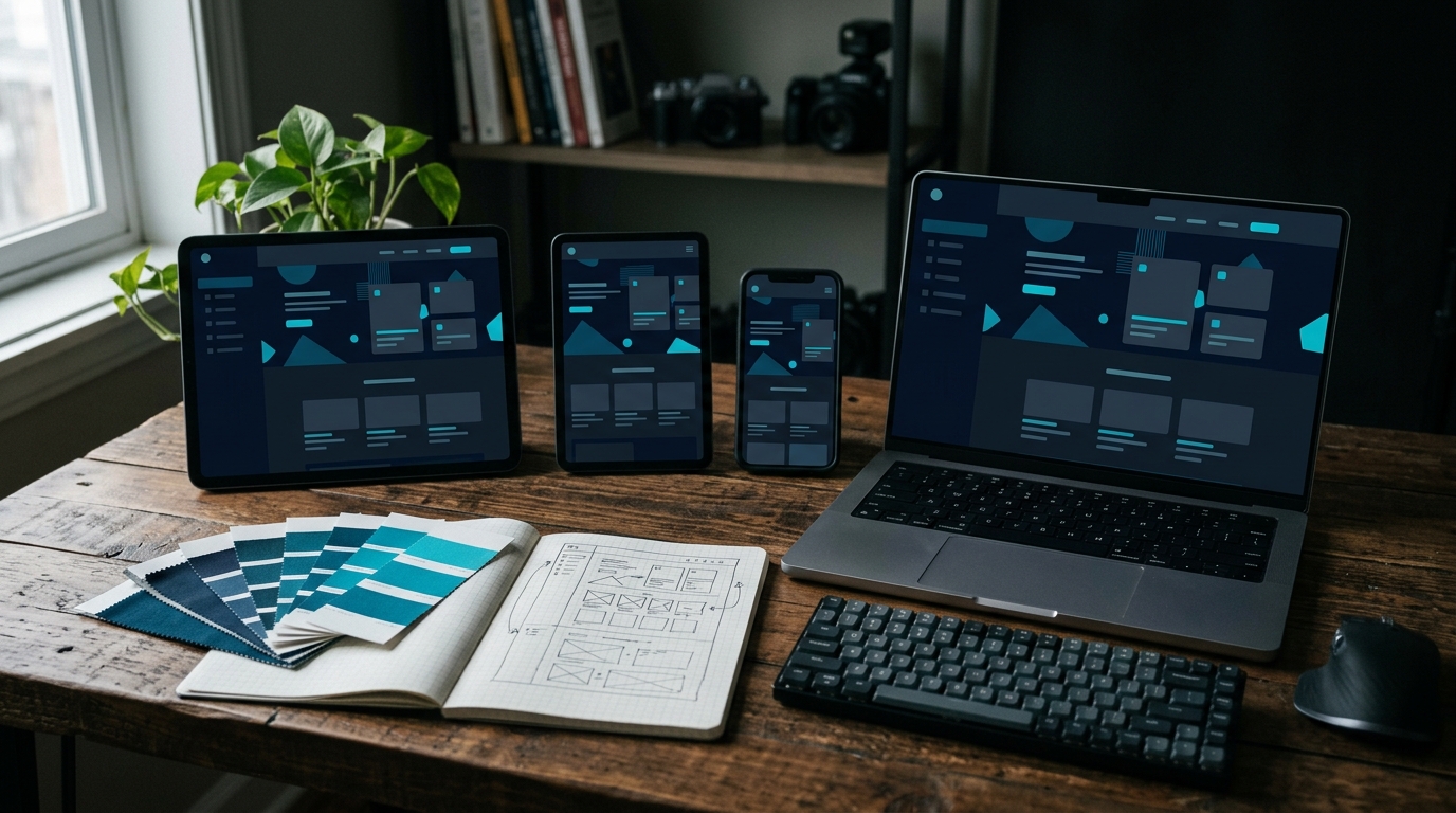 Illustration of a website layout shown across laptop, tablet and phone