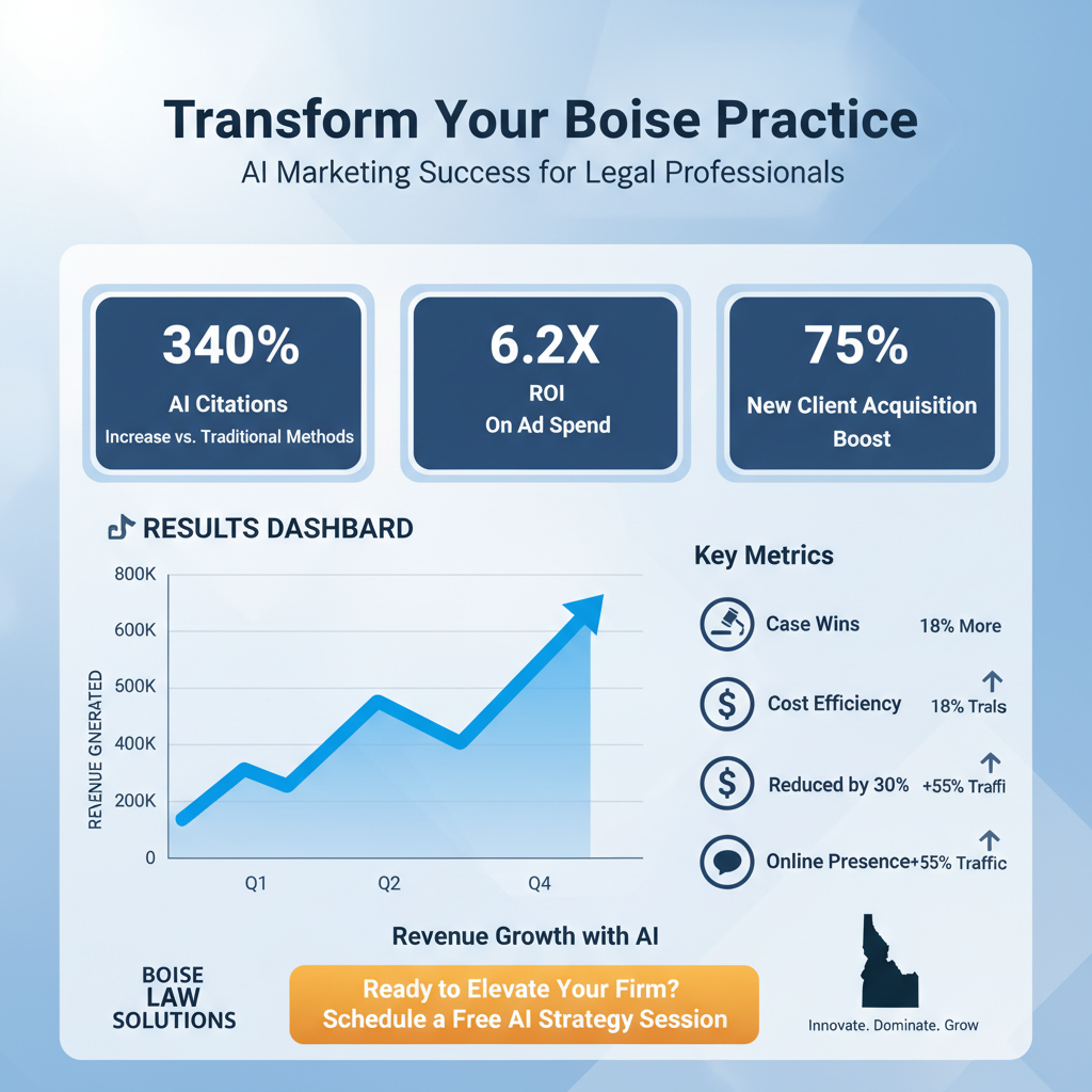 InterCore AI Legal Marketing Results Dashboard showing Boise Idaho law firm performance metrics, ROI tracking, and AI citation analytics