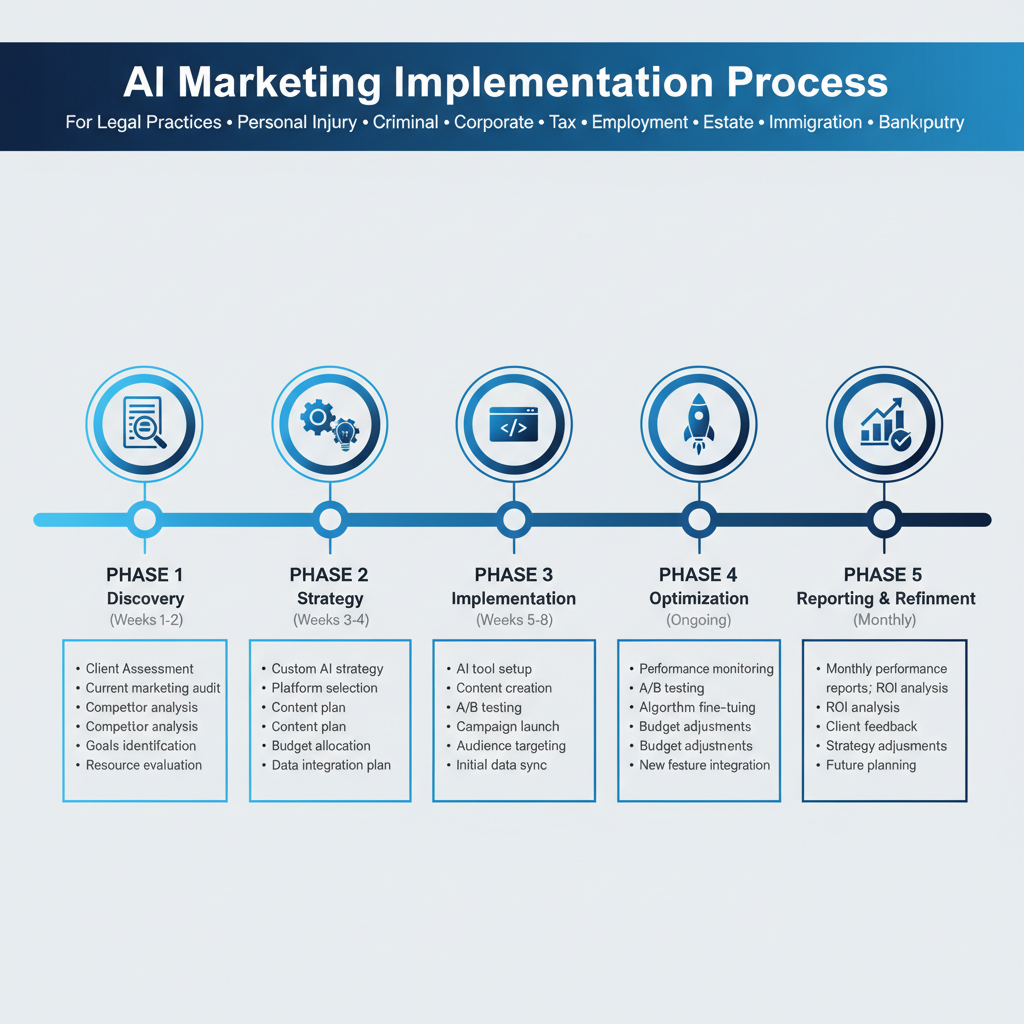 Boise AI Legal Marketing Implementation Process - InterCore Technologies 90-day roadmap showing foundation, content development, and scaling phases for law firm AI optimization