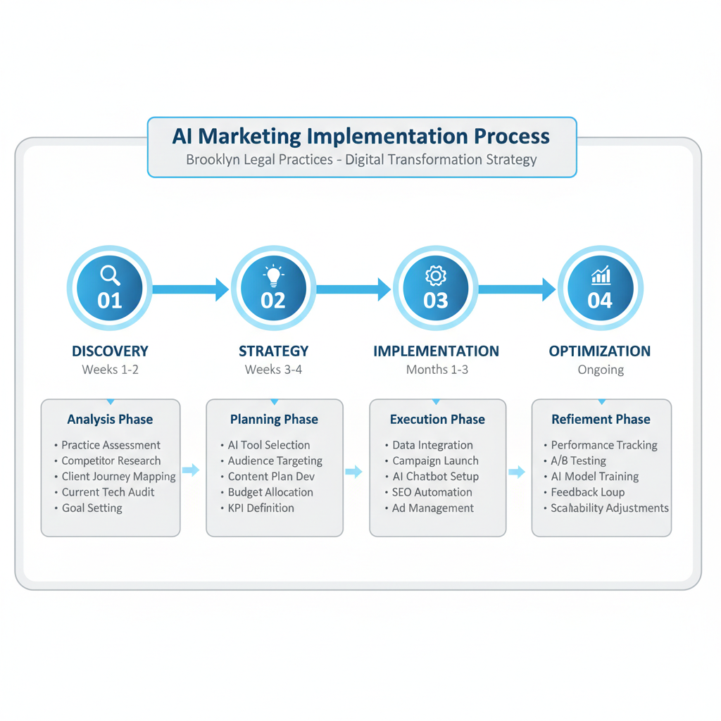 Brooklyn AI Legal Marketing Implementation Process - InterCore Technologies 90-day roadmap showing GEO optimization phases from foundation through scaling for Brooklyn law firms