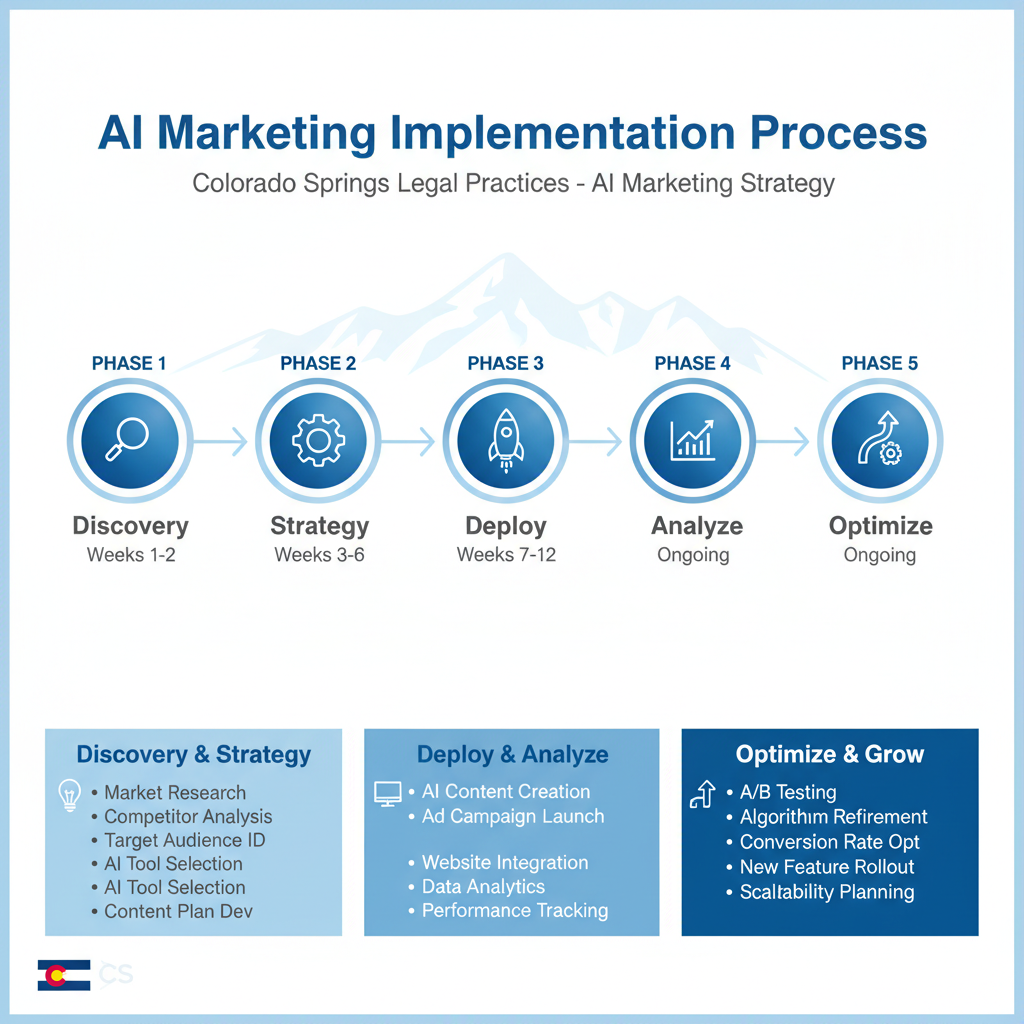 Colorado Springs AI Legal Marketing implementation process showing GEO optimization workflow for law firms with AI platform integration diagram