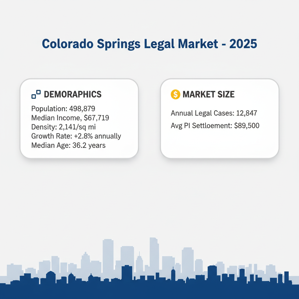 Colorado Springs AI Legal Marketing Company market overview showing downtown skyline with Pikes Peak in background, representing the 709,000 metro population served by InterCore Technologies legal marketing services