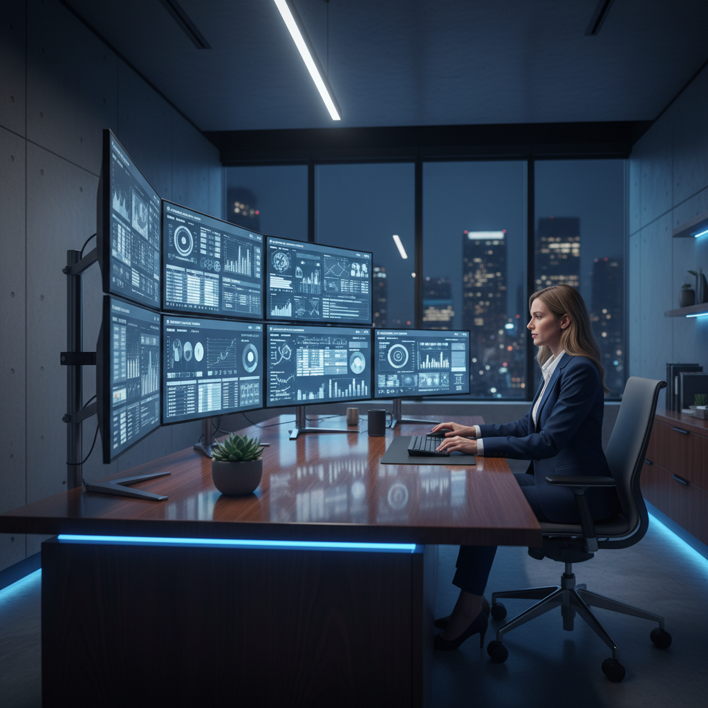 Legal case management software dashboard in modern law office