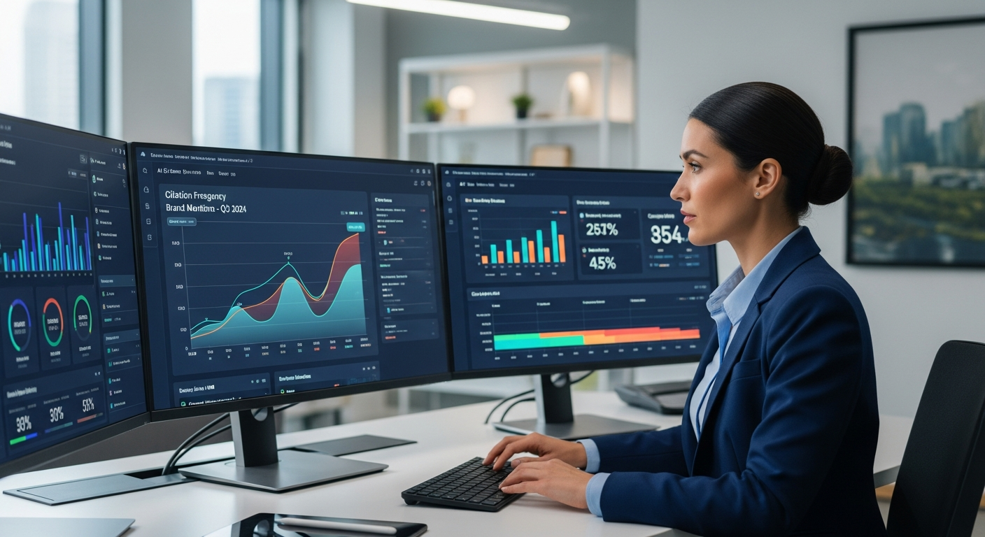 Law firm digital marketing analyst reviewing agentic search optimization metrics and AI visibility data