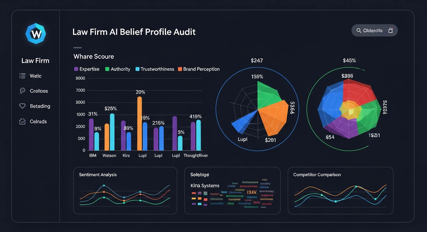 AI belief profile audit dashboard showing law firm brand perception scores across AI platforms