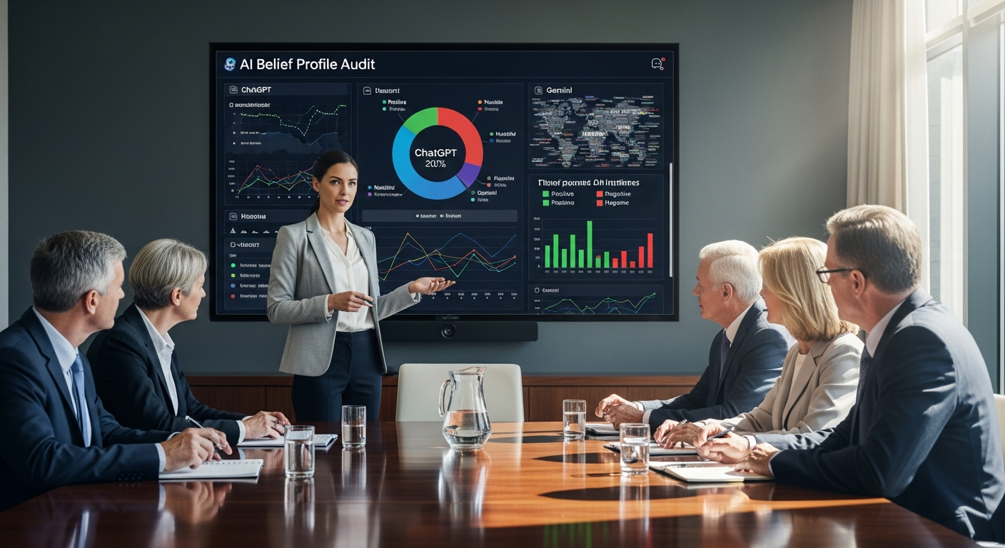 Marketing consultant presenting AI belief profile audit findings to law firm leadership team