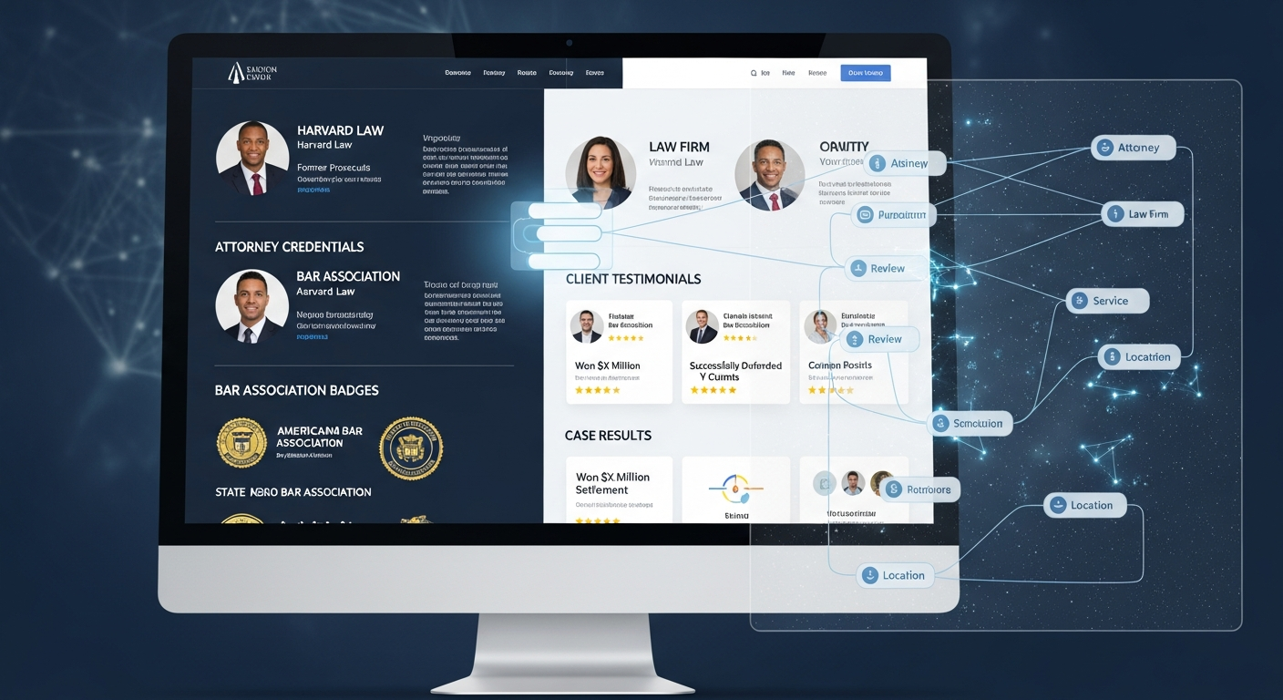 Law firm website displaying trust signals and structured data that AI engines use to assess credibility
