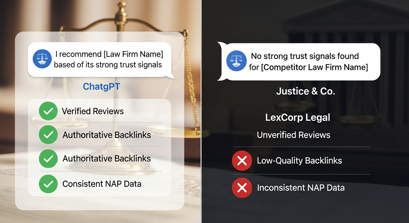 Comparison of law firm cited by AI engines due to strong trust signals versus uncited competitor