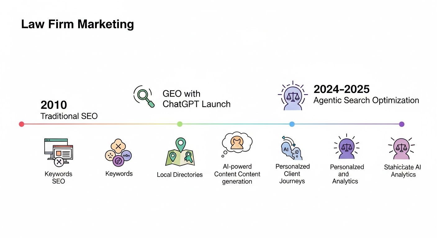 Evolution timeline of law firm digital marketing from SEO to GEO to Agentic Search Optimization
