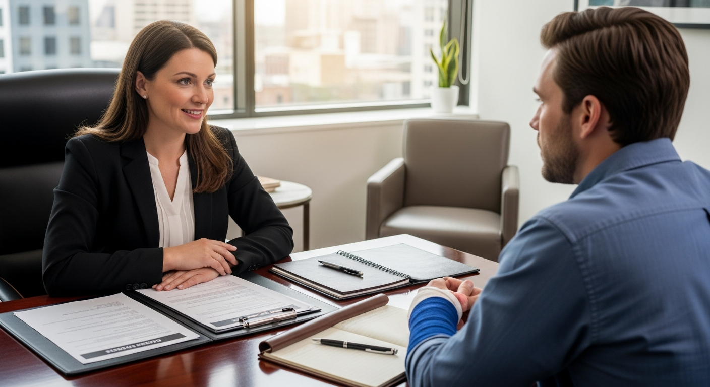 Personal injury attorney consulting with a client about their accident case