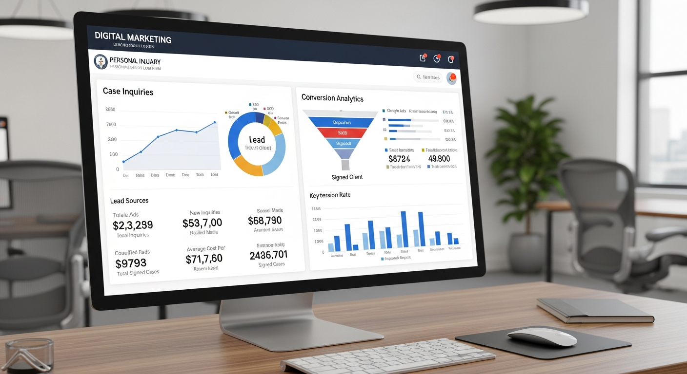 Personal injury law firm lead generation and digital marketing analytics dashboard