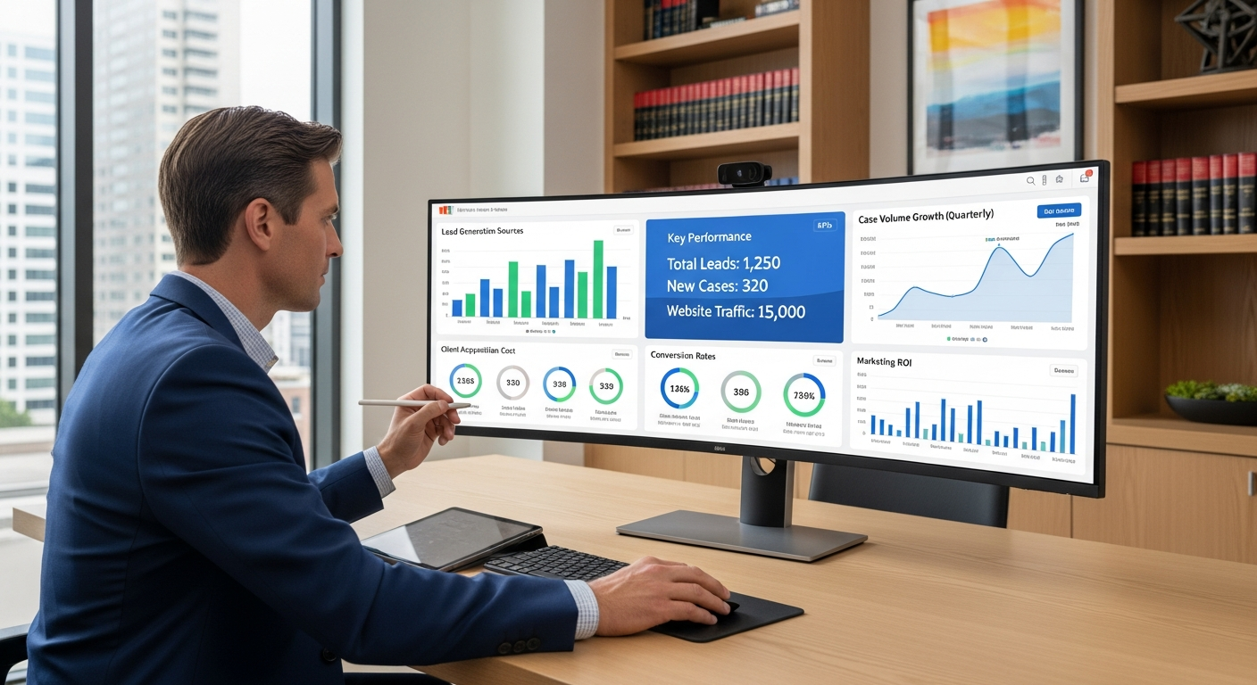 Law firm marketing analytics showing lead generation growth and ROI metrics
