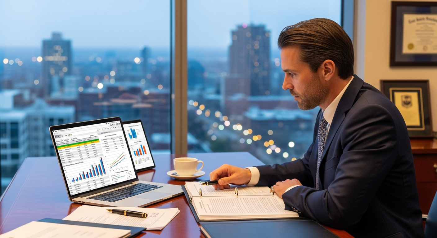 Law firm partner analyzing fractional CMO investment returns and ROI data