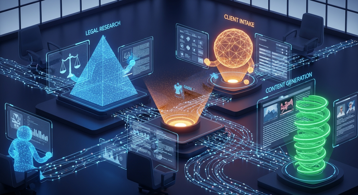 Multiple AI agents collaborating on law firm tasks including research, intake, and marketing